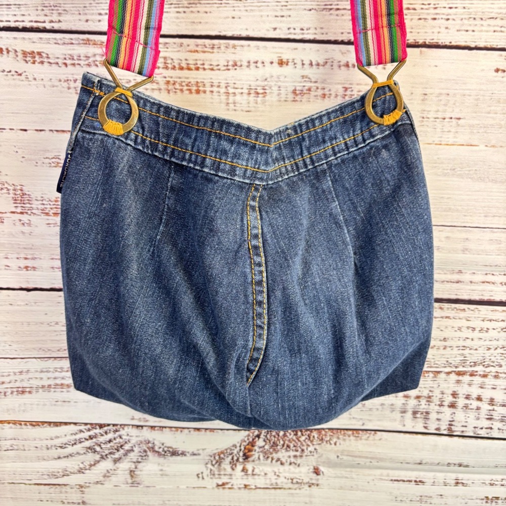Handmade Upcycled Blue Denim Jean Shoulder Bag Rhinestone Striped Strap Boho - Picture 10 of 14
